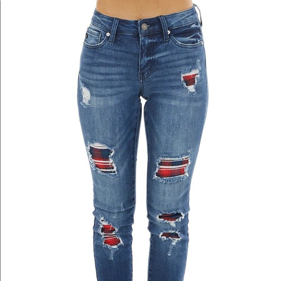 High Waisted Buffalo Plaid Skinny Jeans Size 11 - Picture 3 of 4